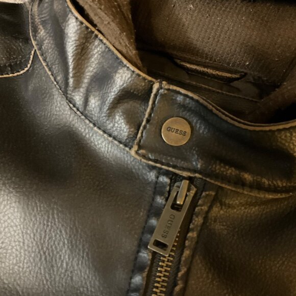 Guess Mens Black faux  Leather Jacket Y2K Brown Hoodie Size L vintage grunge - Picture 4 of 12